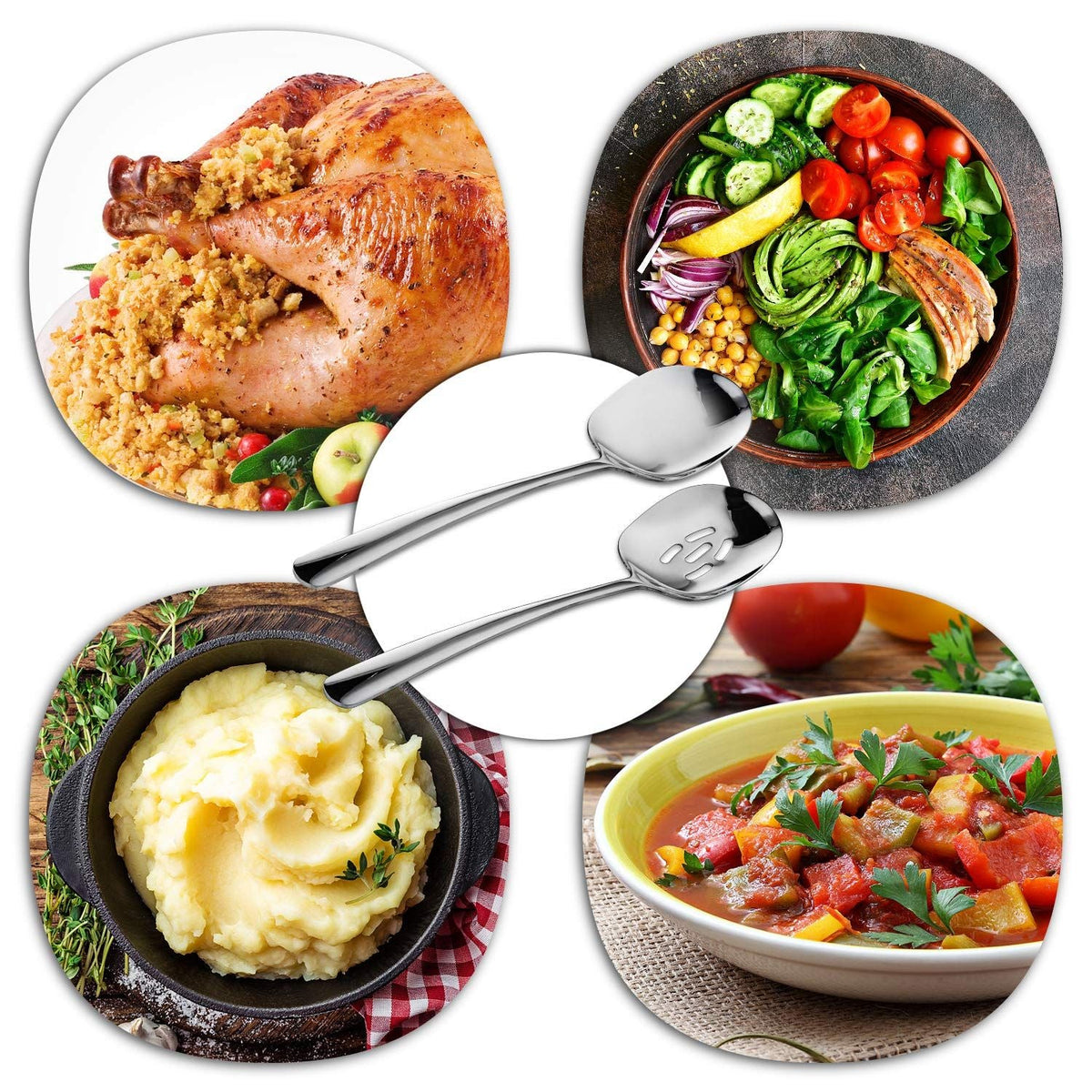 2 PCS Serving Spoons Set in polished silver stainless steel, featuring one solid spoon and one slotted spoon