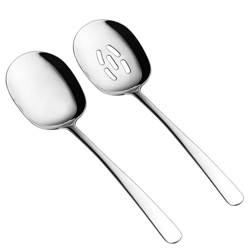 2 PCS Serving Spoons Set in polished stainless steel, with one solid oval spoon and one slotted spoon
