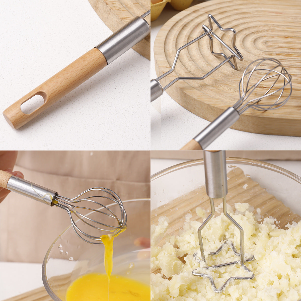 2-Piece Kitchen Tool Set with stainless steel mini whisk and star-shaped potato masher, both with light wood handles
