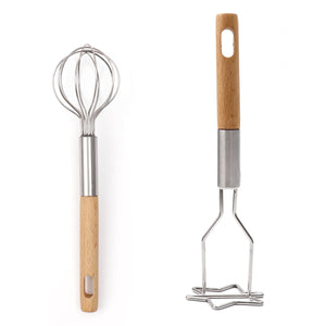 2-Piece Kitchen Tool Set with a stainless steel mini whisk and star-shaped potato masher, both with natural wood handles