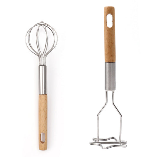 2-Piece Kitchen Tool Set with a stainless steel mini whisk and star-shaped potato masher, both with natural wood handles