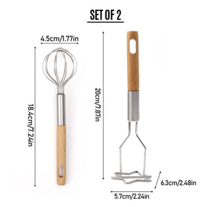 2-Piece Kitchen Tool Set with stainless steel mini whisk and star-shaped masher, each with a natural wood handle