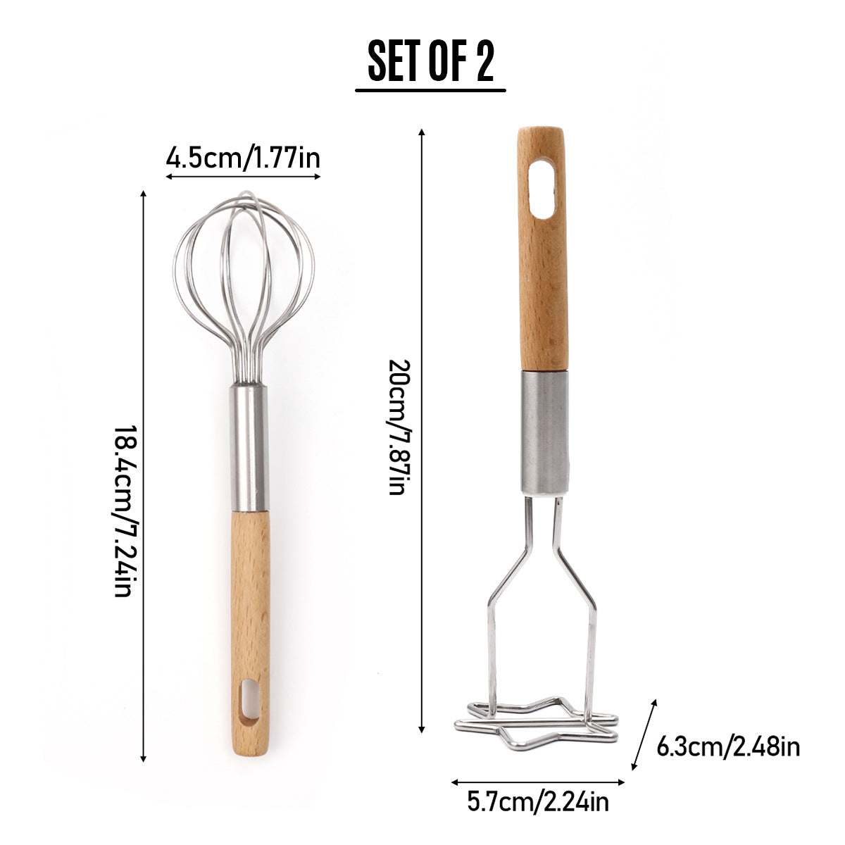 2-Piece Kitchen Tool Set with stainless steel mini whisk and star-shaped masher, each with a natural wood handle