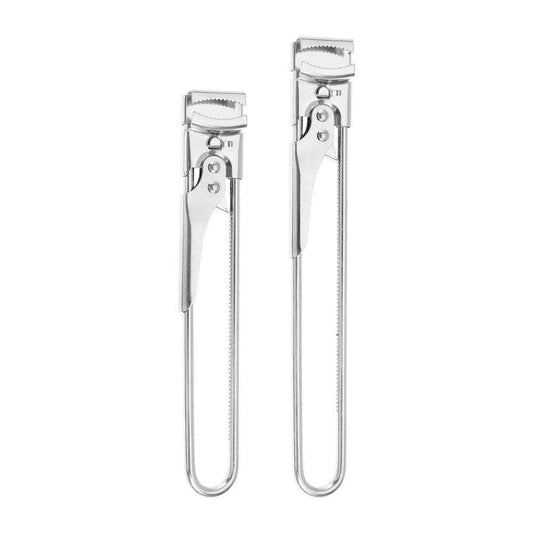 2 Set/4 Pcs Adjustable Jar Opener in silver stainless steel, with toothed adjustable jaws and slim lever handles in two sizes