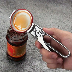 2 Set/4 Pcs Adjustable Jar Opener in polished stainless steel, gripping a jar lid with its sliding adjustable jaws and lever handle