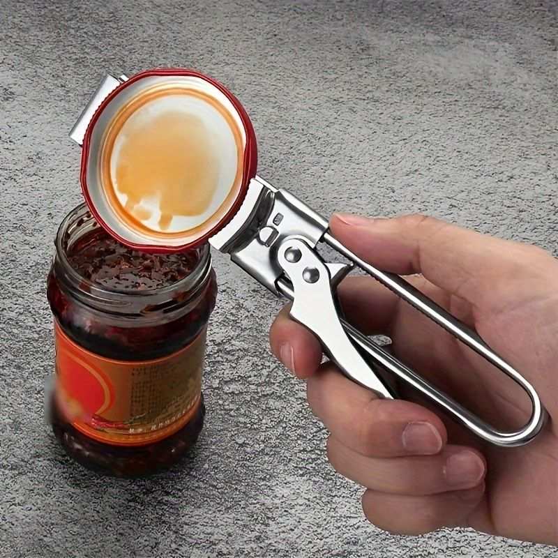 2 Set/4 Pcs Adjustable Jar Opener in polished stainless steel, gripping a jar lid with its sliding adjustable jaws and lever handle