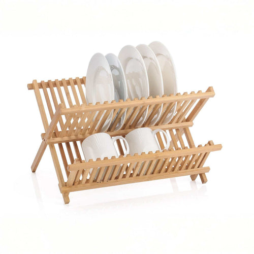 2 Tier Bamboo Dish Rack in natural light wood with slatted X-frame, holding white plates on top and cups below