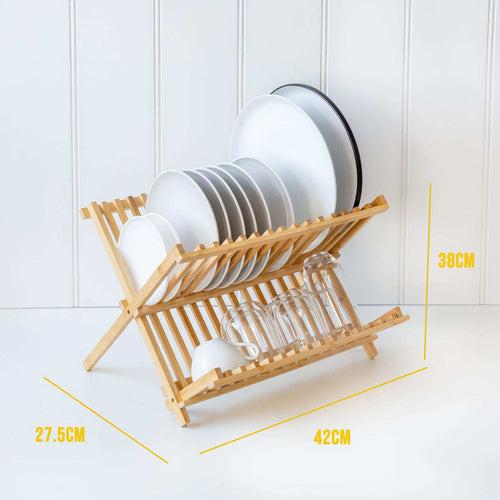 2 Tier Bamboo Dish Rack in natural bamboo with an X-shaped frame, slatted plate slots, and a lower glass shelf