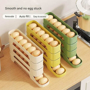 2-Tier Beige Rolling Egg Storage Box with eggs in a detachable beige plastic gravity-fed dispenser with slotted sides