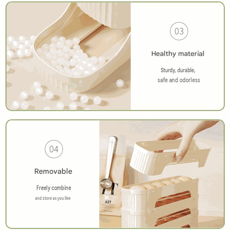 2-Tier Beige Rolling Egg Storage Box with detachable ridged tiers, shown holding white eggs in a gravity-fed track