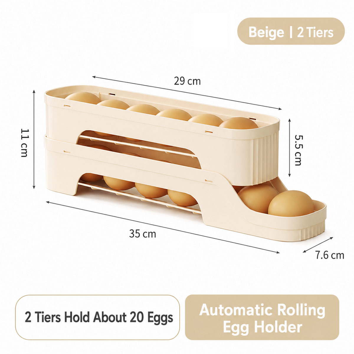 2-Tier Beige Rolling Egg Storage Box in smooth beige plastic, with a sloped gravity-fed track holding rows of eggs.