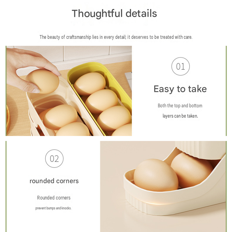 2-Tier Beige Rolling Egg Storage Box with rounded-corner beige plastic trays holding eggs in a gravity-fed design
