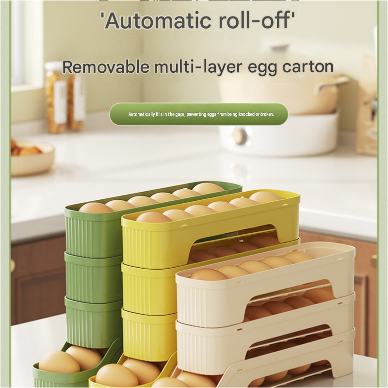 2-Tier Beige Rolling Egg Storage Box with stacked cream plastic tiers, open slots and eggs visible inside