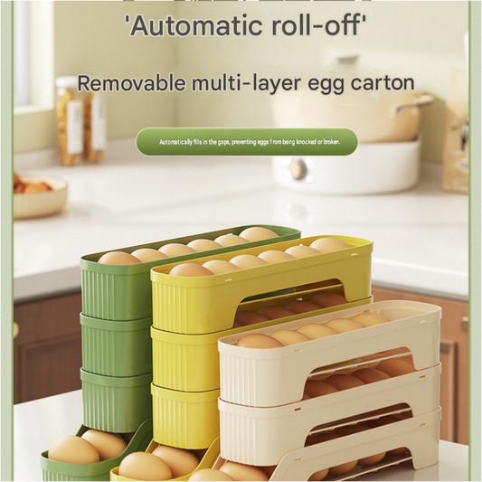 2-Tier Beige Rolling Egg Storage Box with stacked cream plastic tiers, open slots and eggs visible inside
