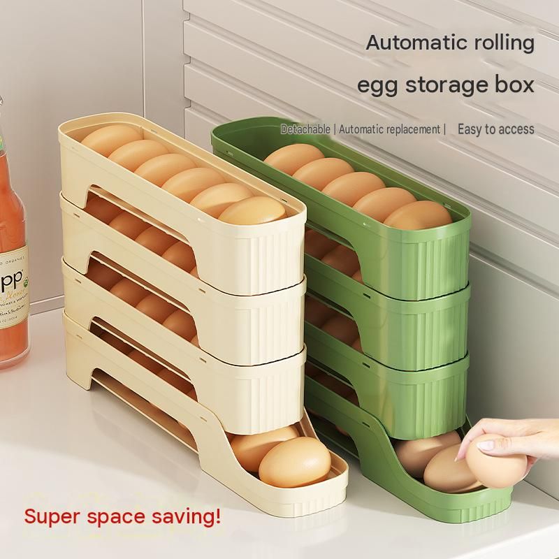 2-Tier Beige Rolling Egg Storage Box with stacked cream plastic tiers, visible eggs, and a sloped dispensing tray