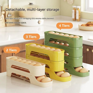 2-Tier Beige Rolling Egg Storage Box in cream-beige plastic, holding eggs in two stacked tiers with slotted fronts