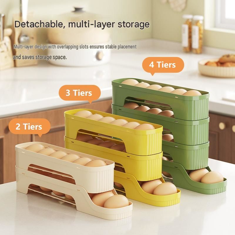 2-Tier Beige Rolling Egg Storage Box in cream-beige plastic, holding eggs in two stacked tiers with slotted fronts