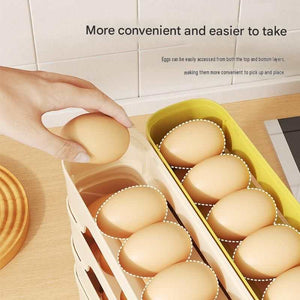 2-Tier Beige Rolling Egg Storage Box shown with two narrow tiers holding brown eggs in gravity-fed tracks