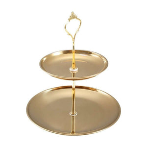 2 Tier Cupcake Stand Holder in polished gold-toned metal with two round trays, raised rims and an ornate loop handle.
