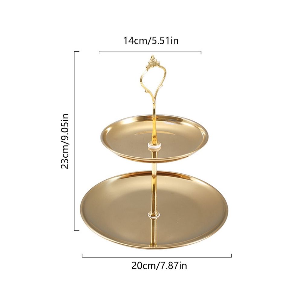 2 Tier Cupcake Stand Holder in gold-toned metal with two round trays and an ornate loop handle