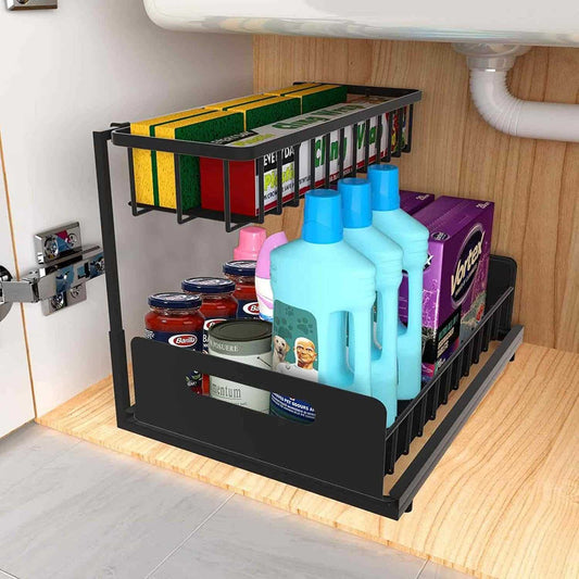 2-Tier Under-Sink Organiser in black metal with two pull-out baskets, storing cleaning bottles, jars and sponges