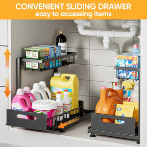 2-Tier Under-Sink Organiser in black metal with two sliding baskets, shown storing bottles and boxes beneath plumbing