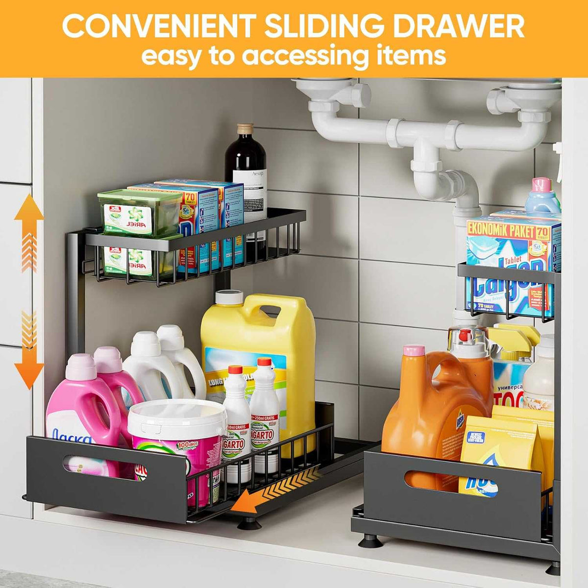 2-Tier Under-Sink Organiser in black metal with two sliding baskets, shown storing bottles and boxes beneath plumbing