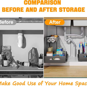 2-Tier Under-Sink Organiser in black metal with two sliding baskets, shown storing bottles and supplies around plumbing pipes