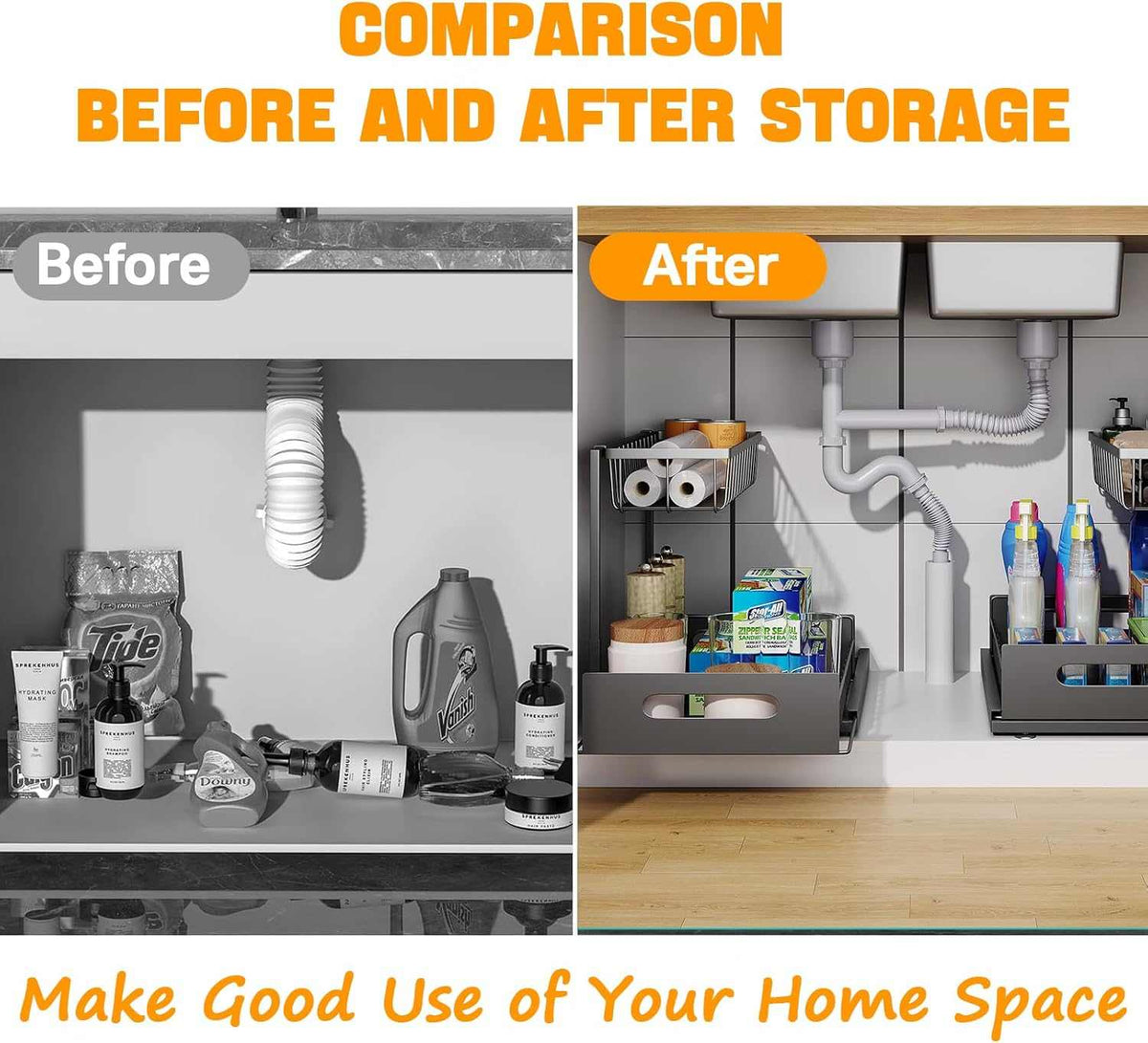 2-Tier Under-Sink Organiser in black metal with two sliding baskets, shown storing bottles and supplies around plumbing pipes