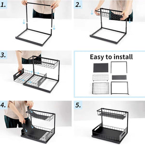2-Tier Under-Sink Organiser in black metal with a tall frame, two pull-out baskets and solid base panels