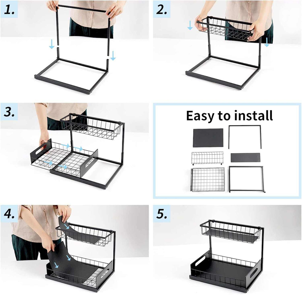 2-Tier Under-Sink Organiser in black metal with a tall frame, two pull-out baskets and solid base panels