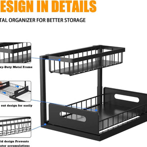 2-Tier Under-Sink Organiser in black metal with a narrow wire upper basket and wide solid-sided sliding lower drawer