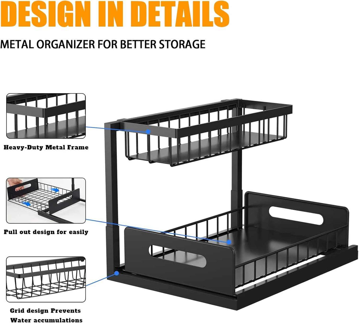 2-Tier Under-Sink Organiser in black metal with a narrow wire upper basket and wide solid-sided sliding lower drawer