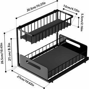 2-Tier Under-Sink Organiser in black metal with two open wire-sided sliding drawers, a narrow upper tier and wide lower tier