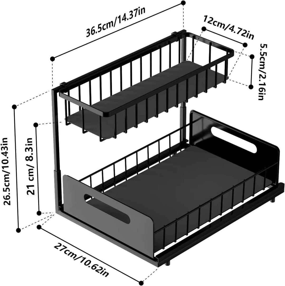 2-Tier Under-Sink Organiser in black metal with two open wire-sided sliding drawers, a narrow upper tier and wide lower tier