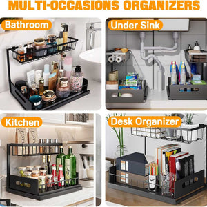 2-Tier Under-Sink Organiser in black metal with two sliding mesh drawers, shown storing bottles beneath plumbing pipes