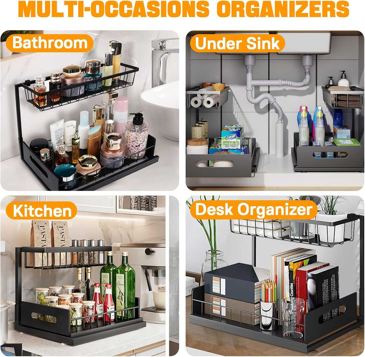 2-Tier Under-Sink Organiser in black metal with two sliding mesh drawers, shown storing bottles beneath plumbing pipes