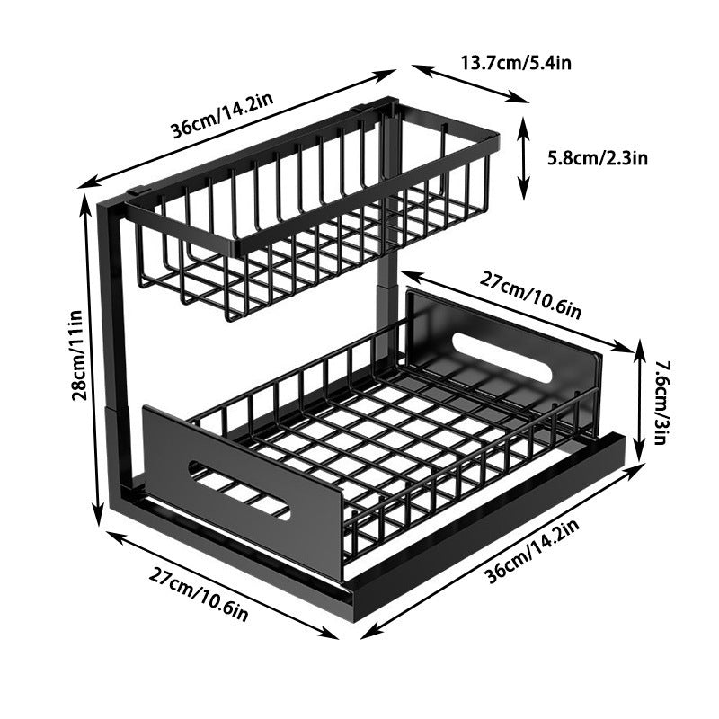 2-Tier Under Sink Organizer in matte black carbon steel, with an open-grid upper basket and deep sliding lower drawer