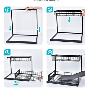 2-Tier Under Sink Organizer assembly steps showing a black metal frame, wire baskets, sliding lower drawer and liners