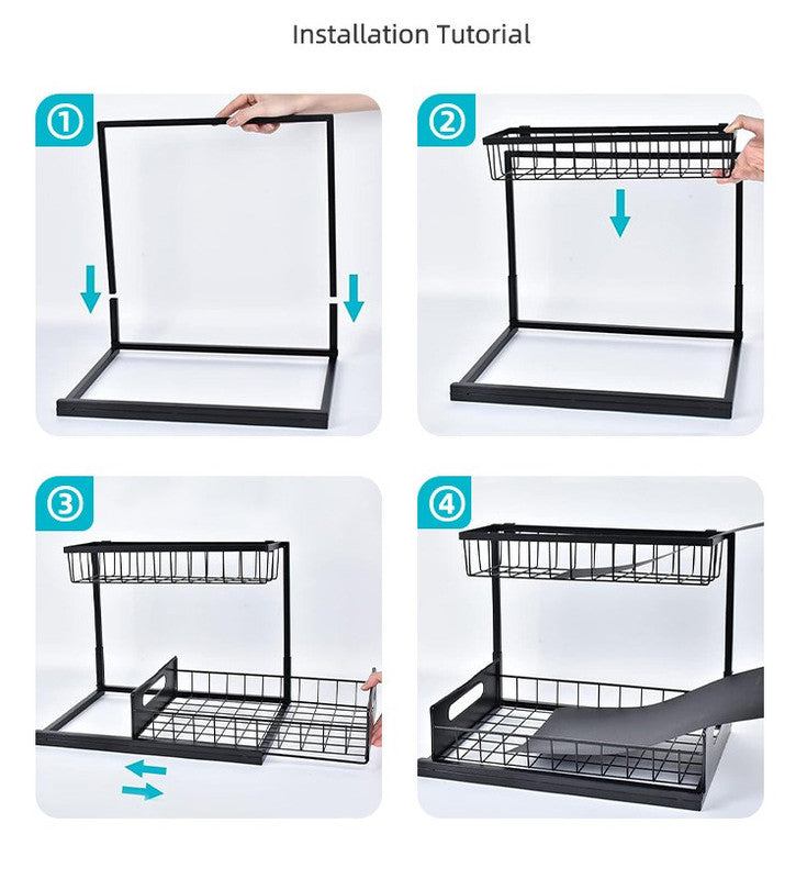 2-Tier Under Sink Organizer assembly steps showing a black metal frame, wire baskets, sliding lower drawer and liners
