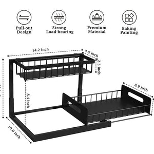 2-Tier Under Sink Organizer in black metal with open grid upper basket and sliding lower drawer, shown with dimensions