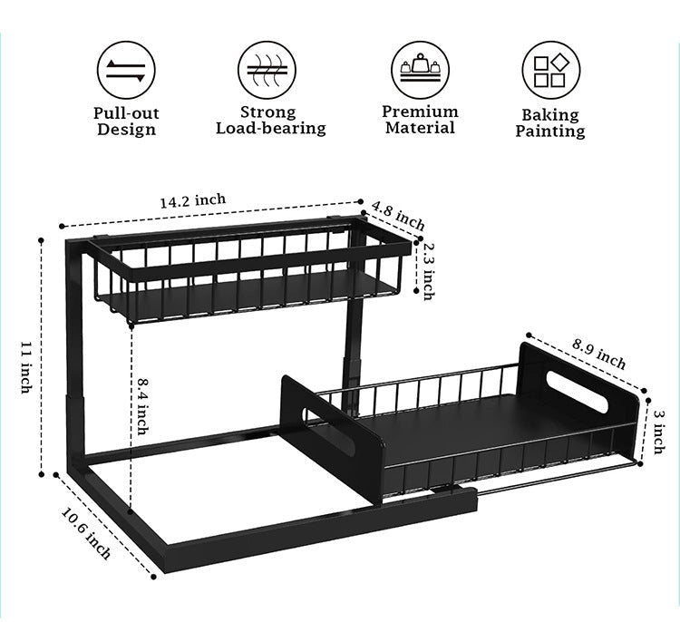 2-Tier Under Sink Organizer in black metal with open grid upper basket and sliding lower drawer, shown with dimensions