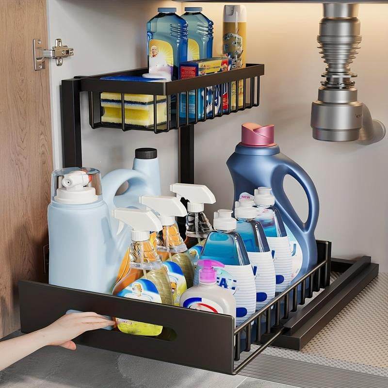 2-Tier Under Sink Organizer in black metal with open-grid baskets, sliding lower drawer, and cleaning supplies