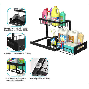 2-Tier Under Sink Organizer in black metal wire with staggered baskets, raised frame, and silicone anti-slip pads
