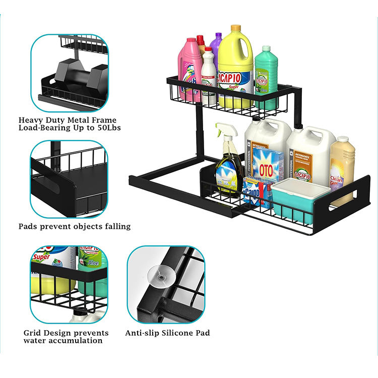 2-Tier Under Sink Organizer in black metal wire with staggered baskets, raised frame, and silicone anti-slip pads