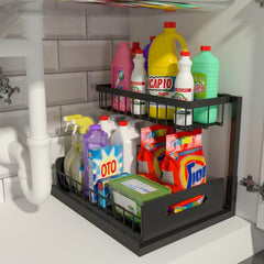 2-Tier Under-Sink Organiser – Heavy-Duty Carbon Steel, L-Shaped Sliding Drawer, 50lb Capacity, Matte Black