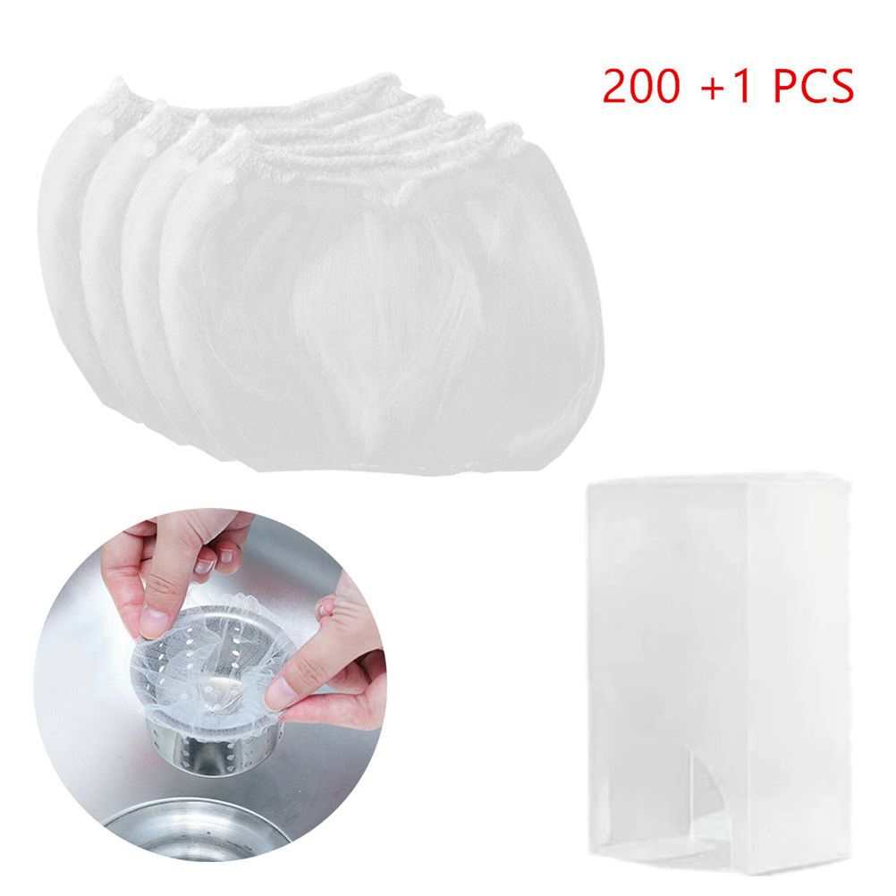 200 Pcs Sink Strainer Bag with white elastic polyester mesh bags and a clear rectangular storage case for drain debris