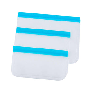 20PCS Reusable Ziplock Bags in translucent flexible plastic, shown in two sizes with bright blue double zipper seals.