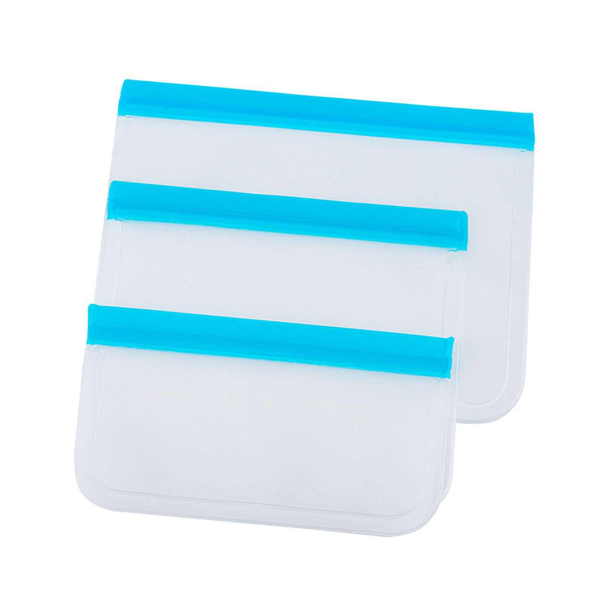 20PCS Reusable Ziplock Bags in translucent flexible plastic, shown in two sizes with bright blue double zipper seals.