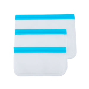 20PCS Reusable Ziplock Bags with translucent white flexible bodies and bright blue double zipper closures in two sizes
